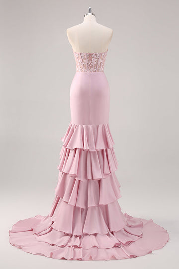 Blush Mermaid Strapless Corset Tiered Long Formal Dress with Slit